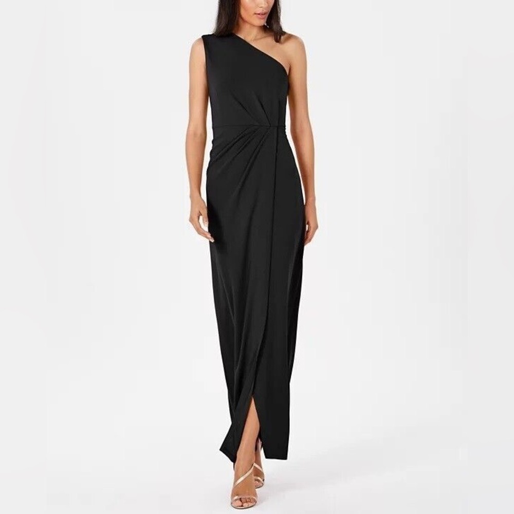 NWOT Calvin Klein black one shoulder pleated slit dress size 10